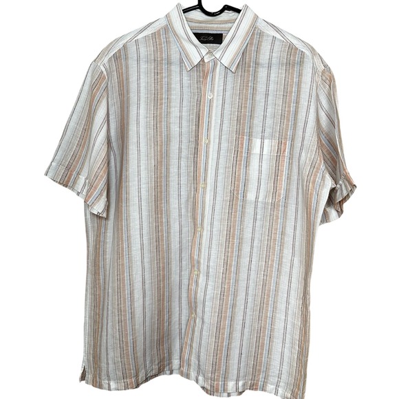 Tasso Elba Linen Blend Button Up Shirt Men's Sz L Short‎ Sleeves Stripes - Picture 1 of 6